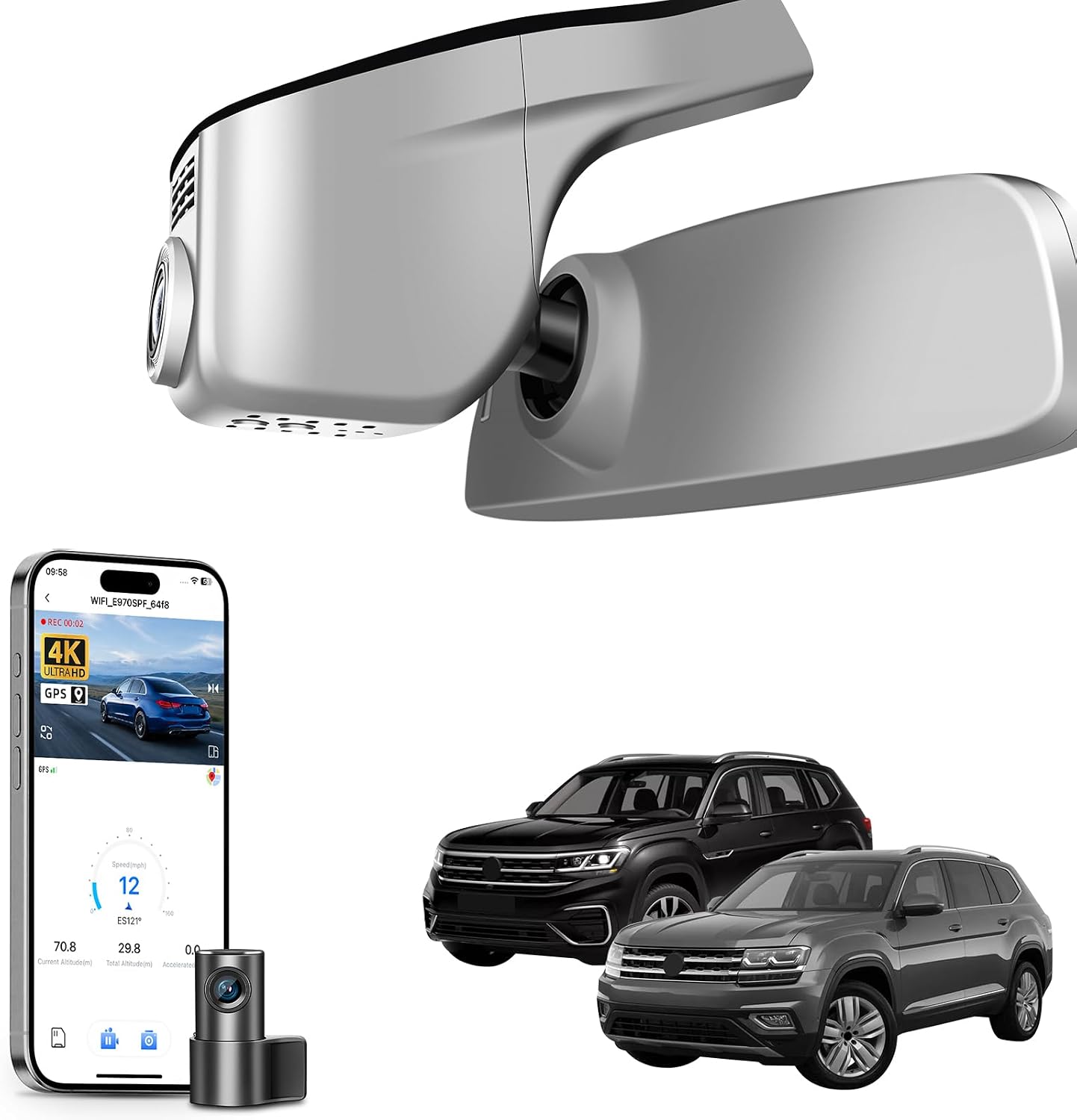 mangoal Front 4K & Rear 1080p Dash Cam for Volkswagen Atlas 2018-2026 & Atlas Cross Sport 2020-2026(Model A Gray), UHD 2160P, App & WiFi, Loop Recording, Easy to Install, GPS, 128GB Card