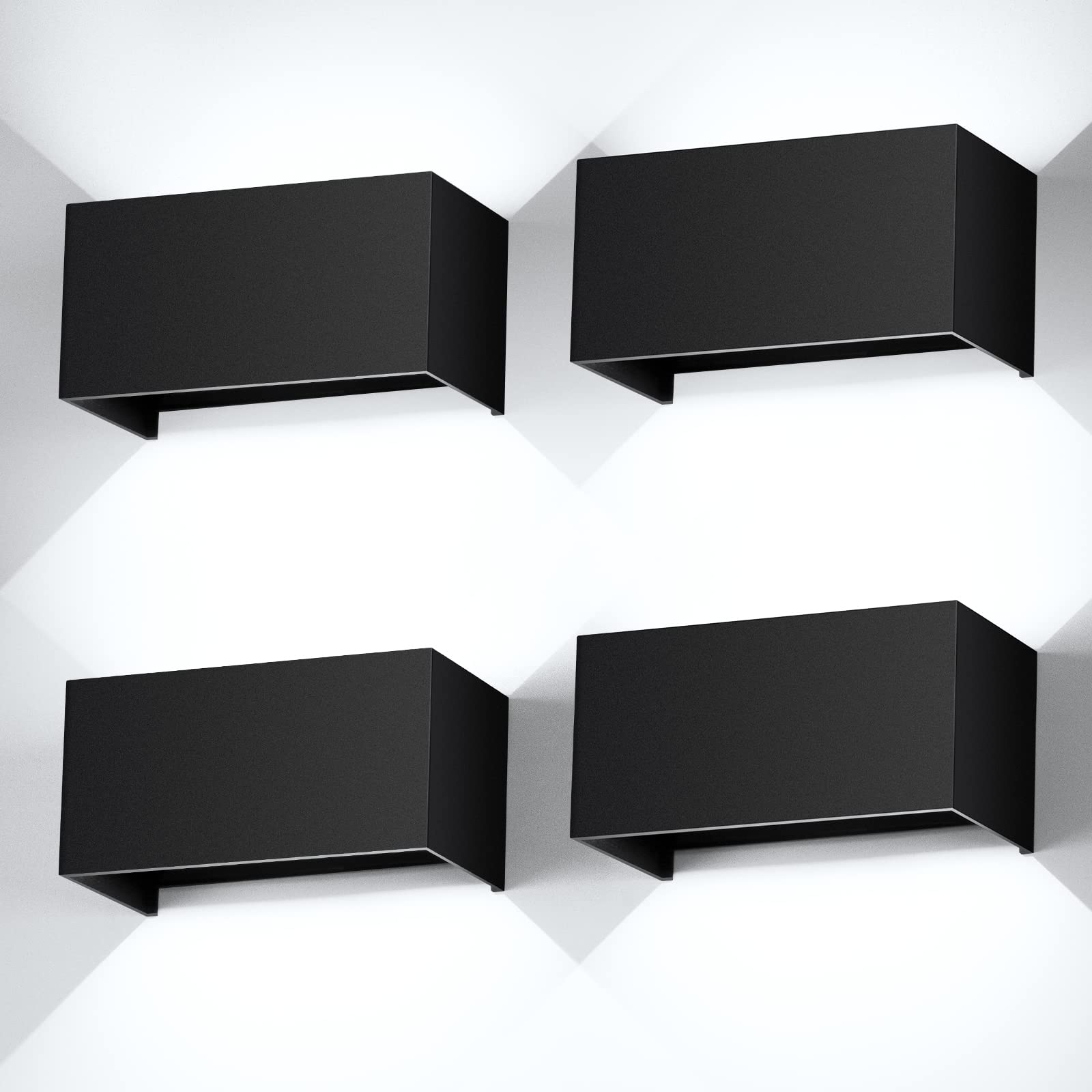 4 Piezas 24W Apliques Pared Interior/Exterior 6000K Blanco Frío Aplique de Pared Ángulo de haz Ajustable Aplique Pared Interior Impermeable IP65 Negro Aplique Exterior Pared