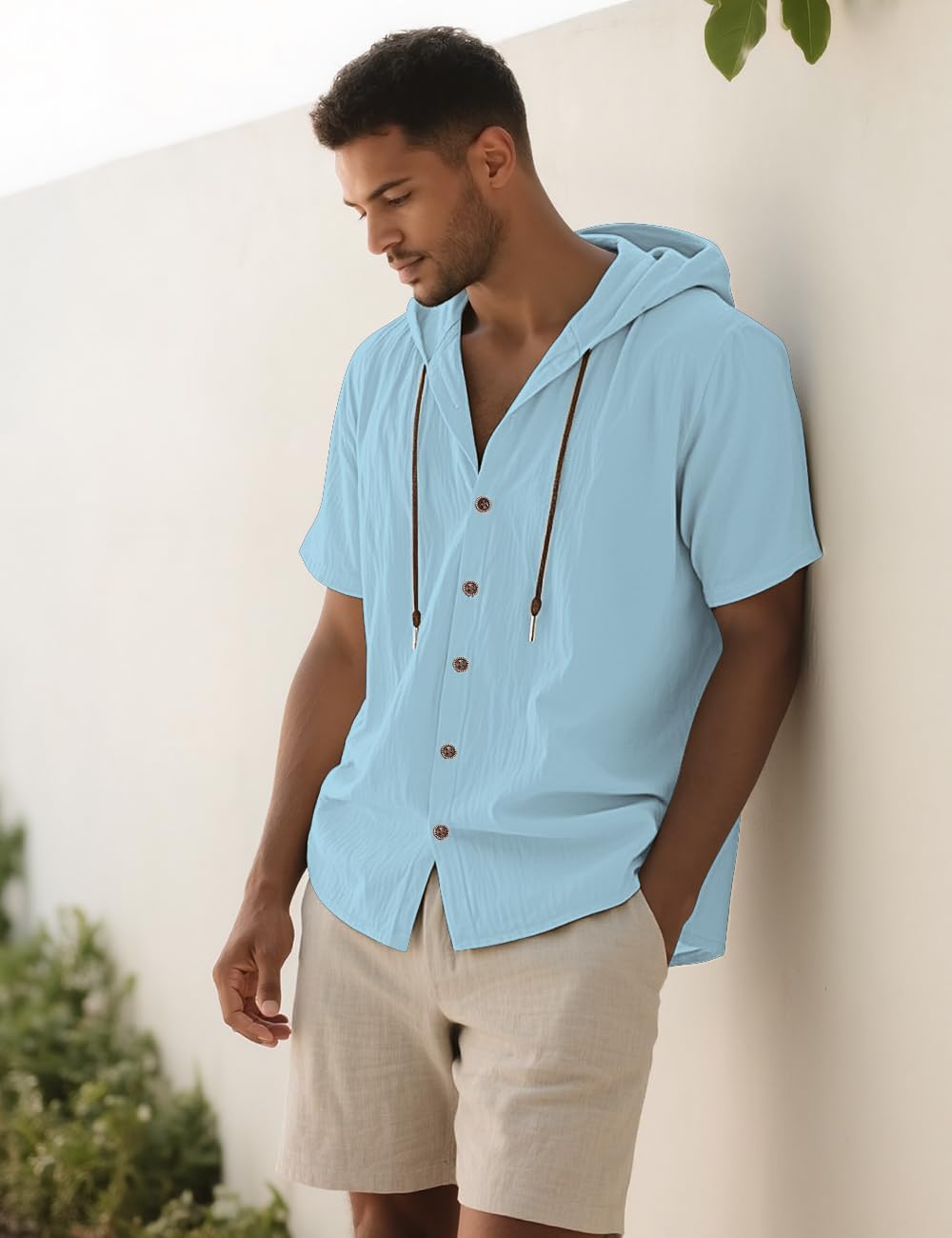 Men's Cotton Linen Shirts Short Sleeve Casual Sweatshirts Button Down Summer Beach Wedding Shirts with Hoodies - Image 3