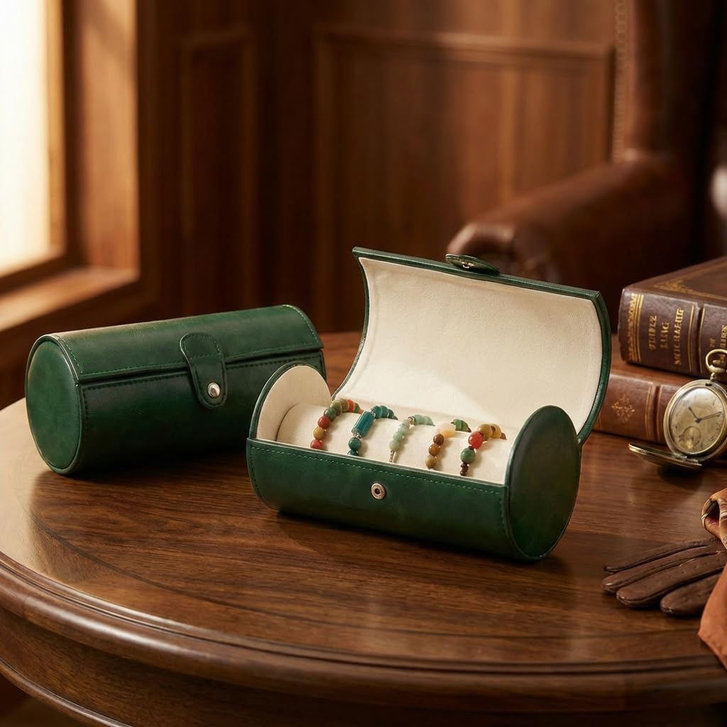 Jewelry Box for Bracelets – Vintage Leather Cylindrical Bangle Box Large Capacity Organizer for Cuffs, Bead Bangles, Travel Storage Case