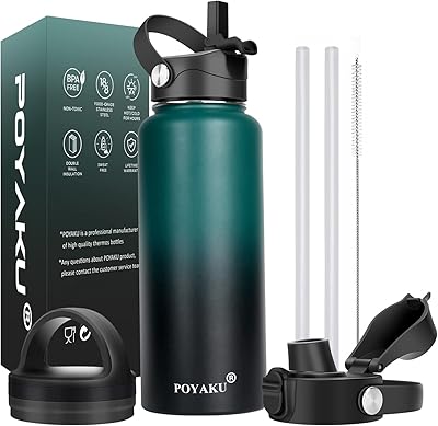 Water Bottle Insulated 32oz 40oz 64oz 128oz Straw Lid Spout Lid & 3 Lids, Leak Proof, Vacuum Insulated,Stainless Steel Wat...