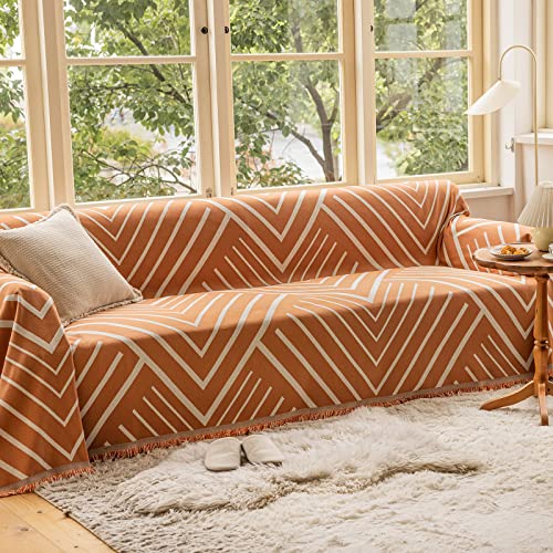Dreamingo Beige Couch Cover Orange Herringbone Sofa Covers For Dog Soft Chenille Couch Cover For Loveseat Modern Geometric Sectional Couch Covers L Shape Couch Protector Slipcover, 71"X 118" #TOP5