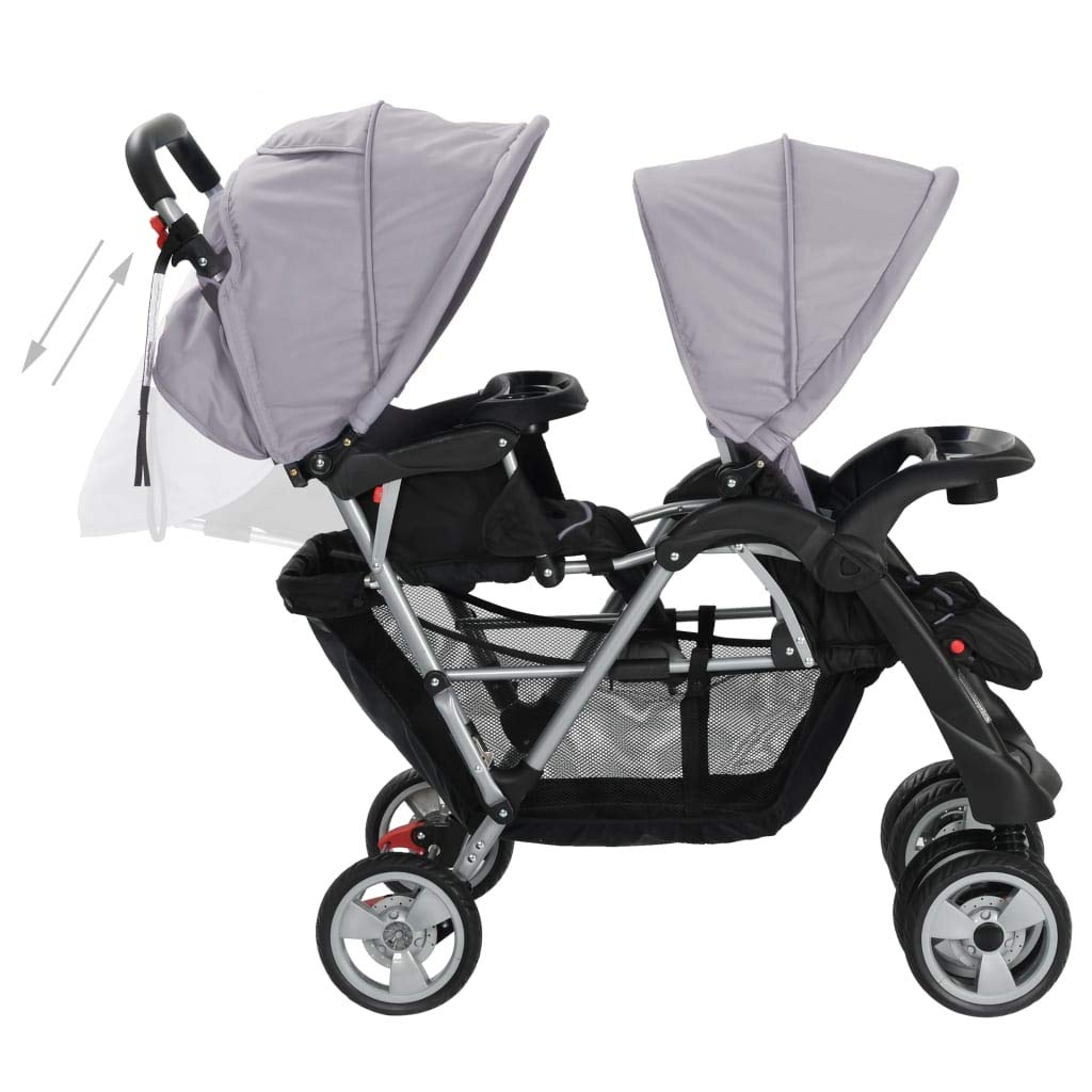 Kavolet Passeggino gemello, gemello, passeggino tandem per 2 bambini, passeggino da viaggio, passeggino 2 in 1, grigio e nero, 122,5 x 53,5 x 111 cm, in acciaio