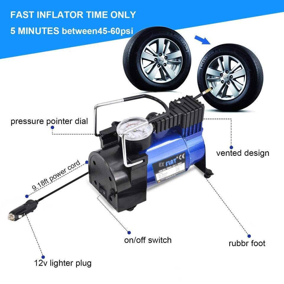 Image of EX Flat i7878 Heavy Duty Metal Electric Car Air Compressor with Pressure Gauge,12V DC Portable Tyre Inflator Air Pump for Car,Trucks,Bus, Bike, Auto & Van, Single Cylinder 150 PSI High Pressure