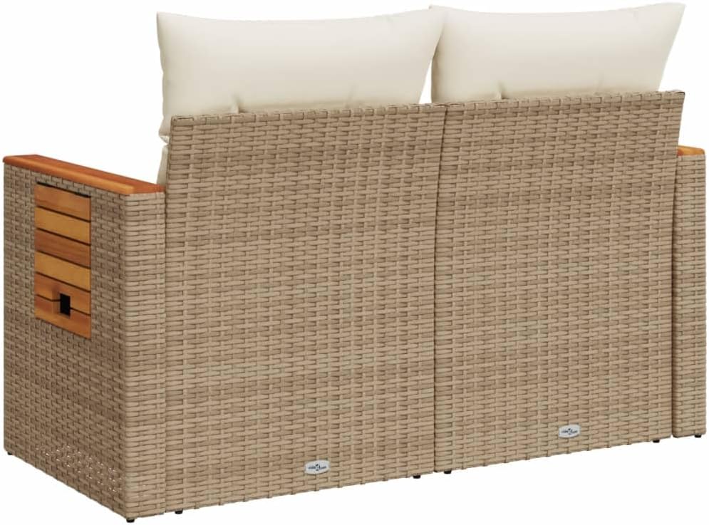 Outdoor Garden Sofa, 2-Person Patio Loveseat with Foldable Design, Weather-Resistant Poly Rattan Furniture with Acacia Wood Armrests and Cushions, Beige