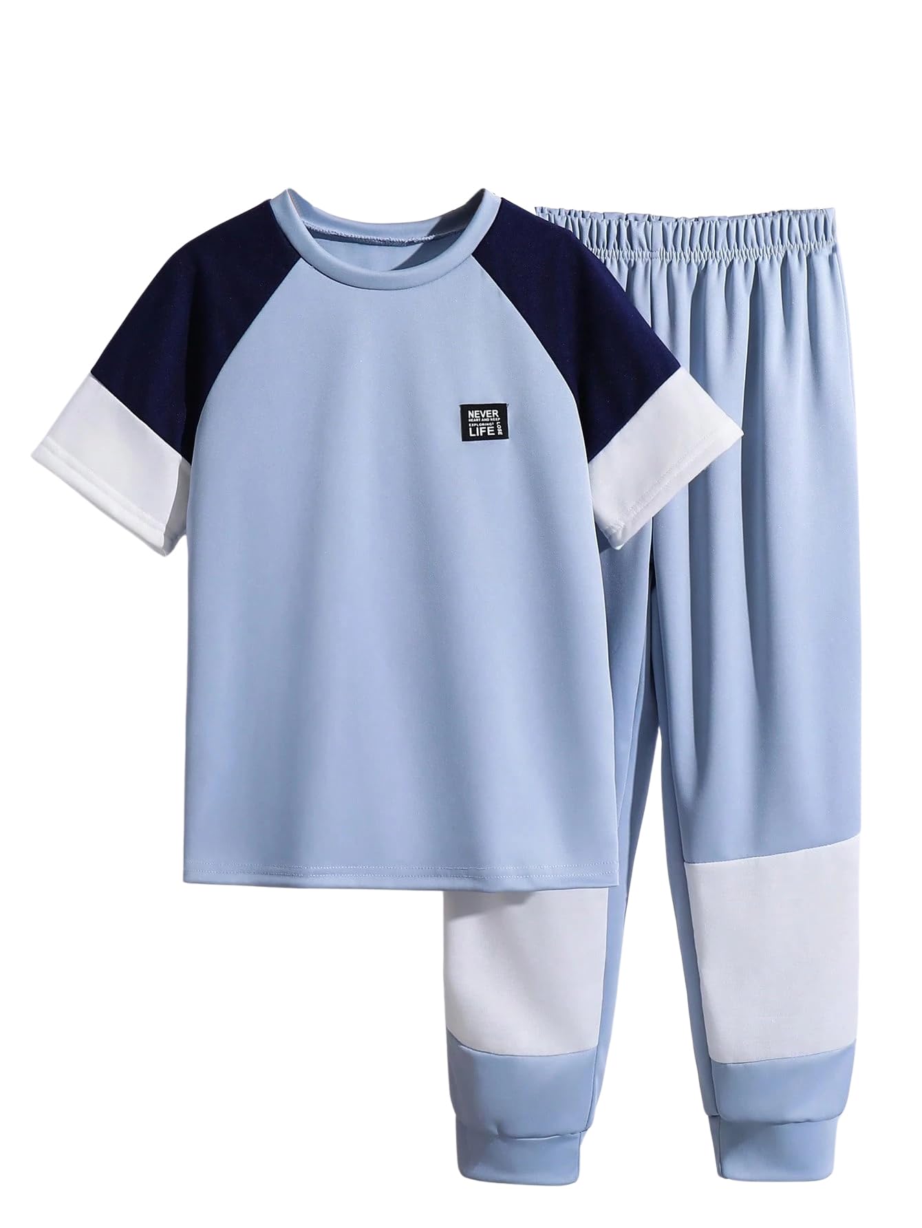 Axumity Tween Boys' 2-Piece Casual Outfit Spring Summer Short Sleeve Crewneck Top &amp; Color Block Pants Size 6-13