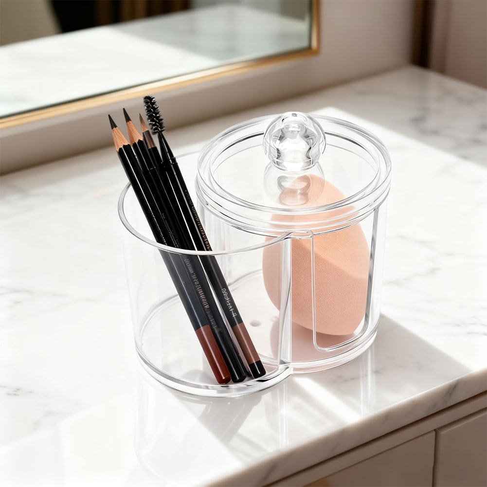 Qtip Holder Dispenser,Dual-Compartment Cotton Swab & Cotton Pad Organizer with Removable Dustproo-f Lid,Compact Countertop Storage Container(Clear)