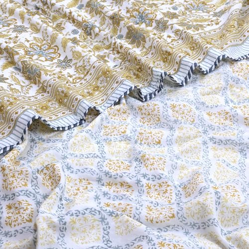 Image of TOAIArt Premium Jaipuri Dohar | AC Blanket Summer Quilt | Hand Block Printed | 3 Layers | Reversible | 150GSM 100% Mulmul Cotton | 100% Cotton Flannel Filling | Queen 90 inch X 108 inch |Autumn Leaves