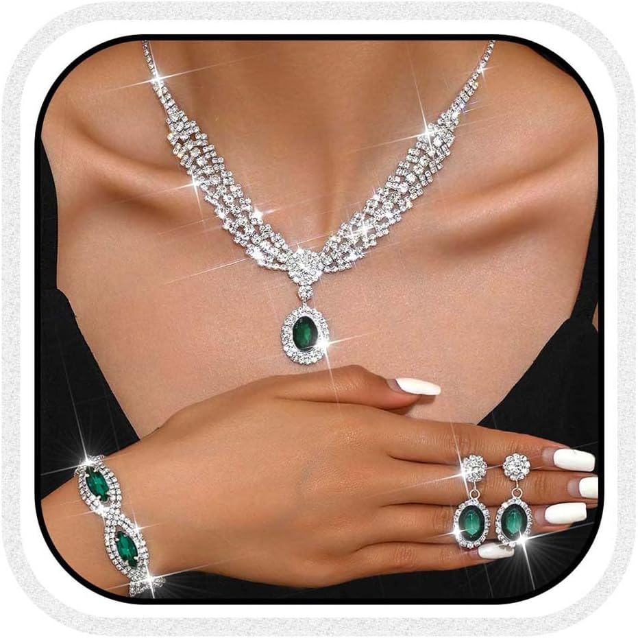Unicra Rhinestone Bridal Wedding Jewelry Set Silver Necklace Earrings Bracelet Sets Formal Prom Costume Jewelry Sets for Women and Brides