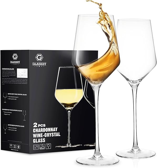 GLASKEY Verres à vin blanc Ensemble de 2,Verres à vin en cristal soufflés à la main,15.2oz Long Stem Chardonnay Verres à vin pour Rouge et Blanc,Meilleur Cadeau pour usage quotidien,Noël,Wedding,Anniversaire ou Anniversaire