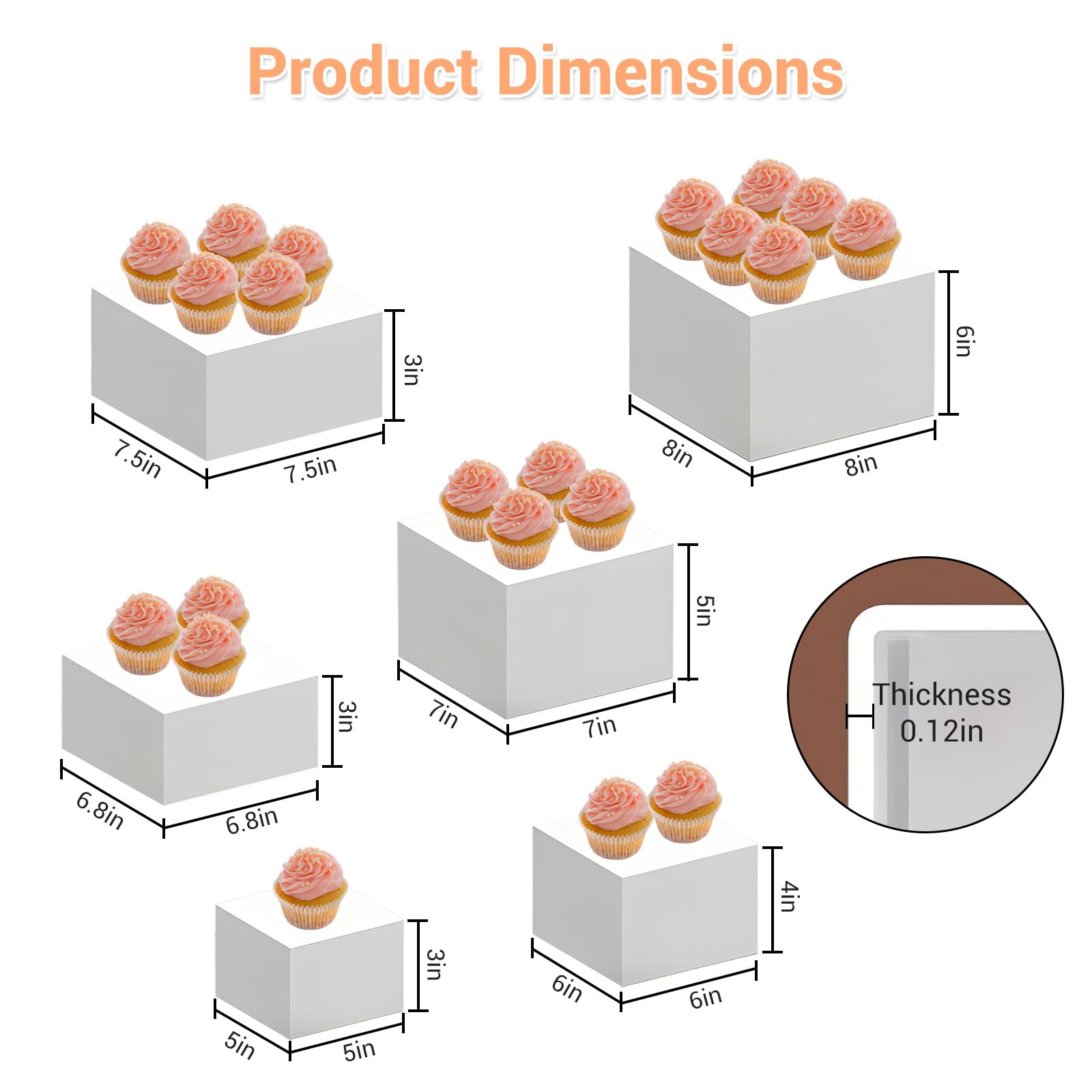 Garvee Lot de 6 présentoirs de buffet pour fête, cube en acrylique blanc avec fond creux, boîte de rangement pour cupcakes, desserts, restauration, bijoux et objets de collection