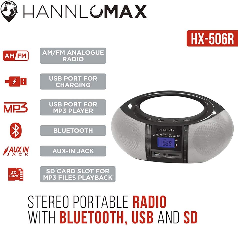 Flash Deals - 50% OFF HANNLOMAX HX-506R Portable AM/FM Radio, Bluetooth, USB/SD Slot for MP3 Playback, Aux-in, AC/DC Dual Power Source (Black) Best Deal Product HANNLOMAX HX-506R Portable AM/FM Radio, Bluetooth, USB/SD Slot for MP3 Playback, Aux-in, AC/DC Dual Power Source (Black)