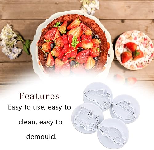 Miniatura 8 de Cortador de hornear para vehículos, 8 piezas de caricaturas 3D para automóvil, cortador de tartas de galletas, corteza de pastelería, sello de