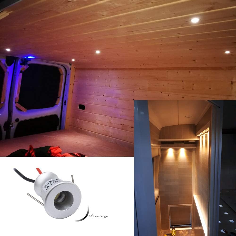 12V Waterproof IP65 Mini Under Cabinet LED Lights Hole 15mm 10 Packs of Recessed Downlights Indoor with Hard Wired Cable and Connectors for Stair Step Furniture Showcase Lighting (Day White 6000K)