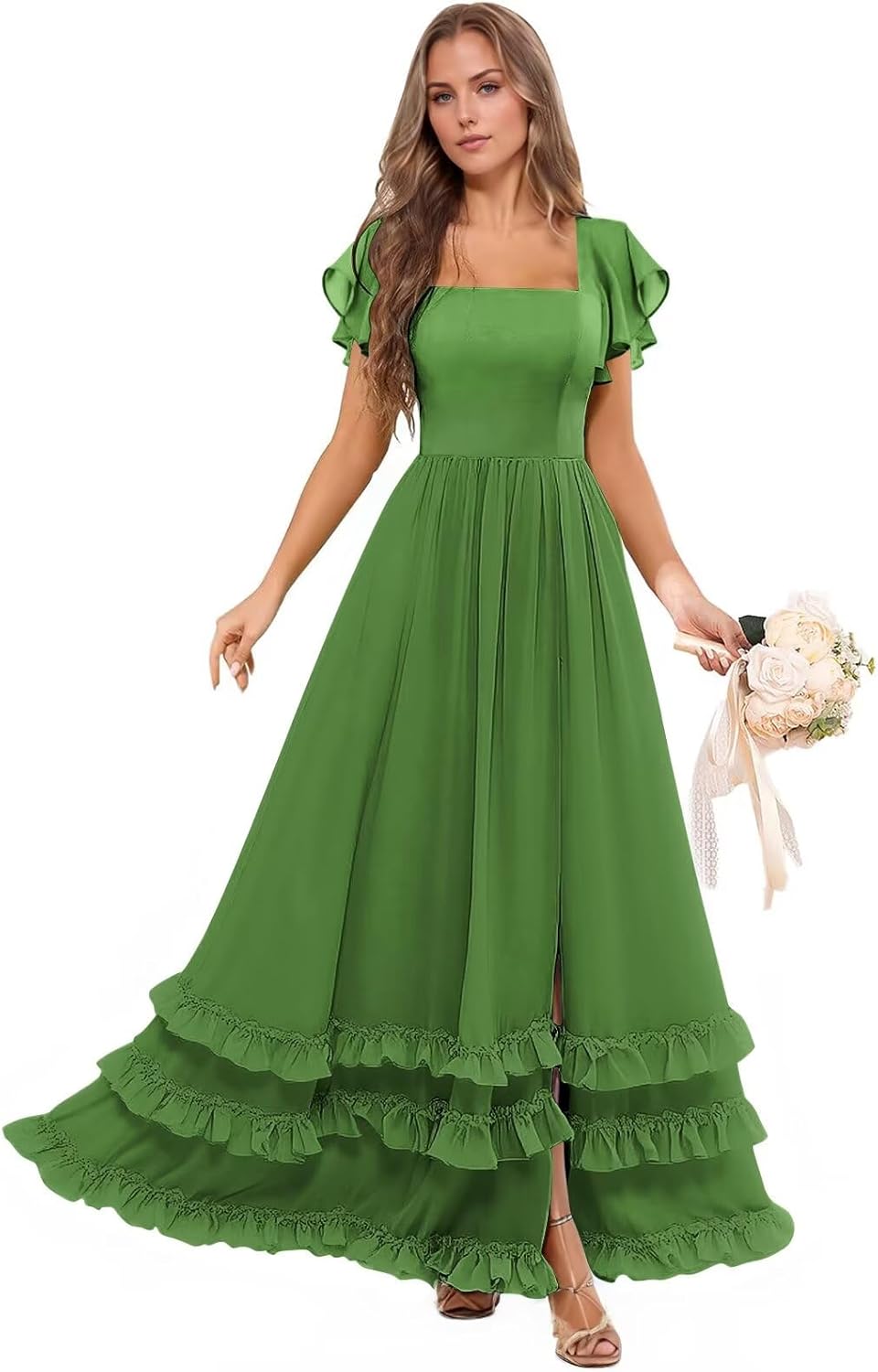 ALFEICE Chiffon Long Bridesmaid Dresses for Women with Sleeve A Line Tiered Ruffle Square Neck Formal Evening Gowns with Slit