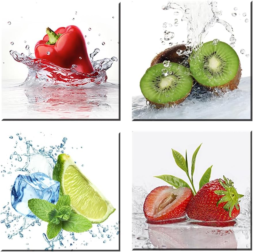 Piy Painting Fruit Wall Art for Kitchen, 4 Piece Set Vivid Fruits and Ice Picture Home Decor, Cool Summer Canvas Prints in Dining Room Printed Graphs 12 x 16 inches x 4p