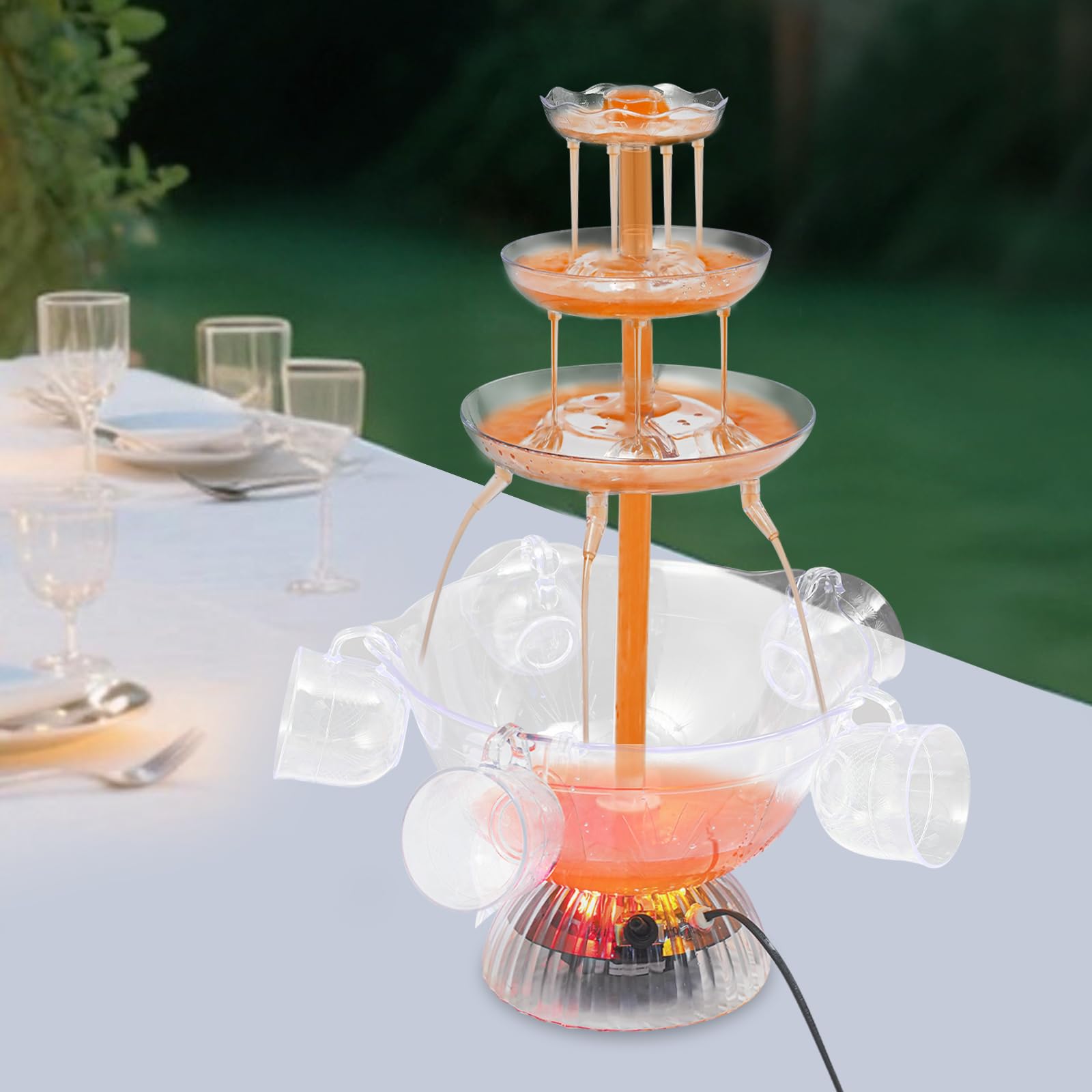 Getränkespender, 3 Ebenen, Partybrunnen mit 5 Tassen, Saft- und Weinbrunnen, 3,8 l, beleuchteter Boden, gelb und rot, für Familientreffen und Hochzeiten