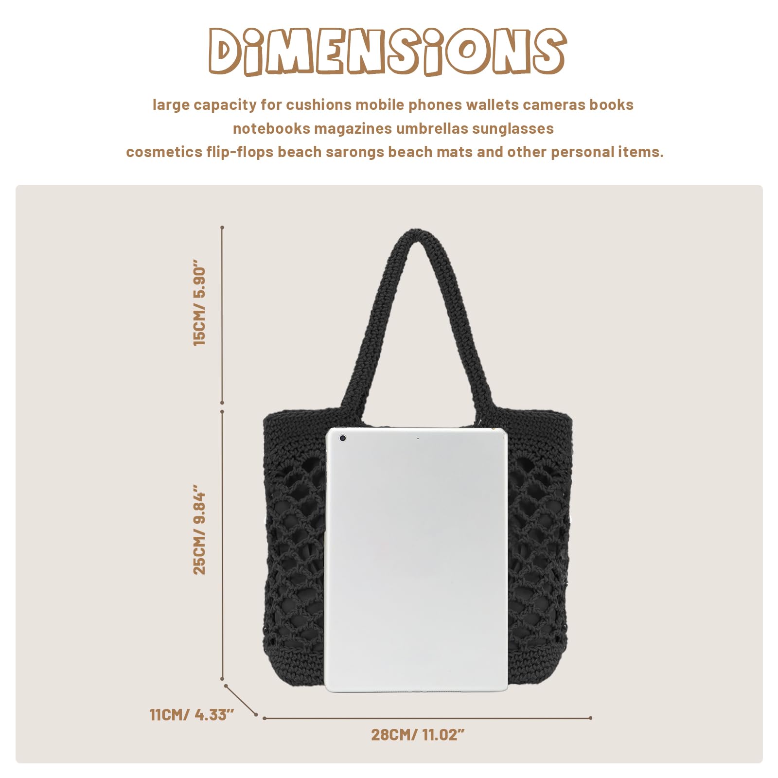 Borsa a Tracolla Grande in Maglia di Cotone all'uncinetto da Donna Borsa a Tracolla in Maglia Borsa a Rete da Viaggio Borsa a Rete con Manico Superiore,Nero
