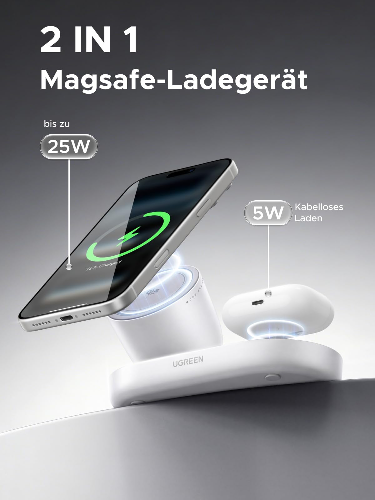 UGREEN Zapix 2-in-1 Qi2 25W Magnetisches Kabelloses Ladegerät, Zertifiziert