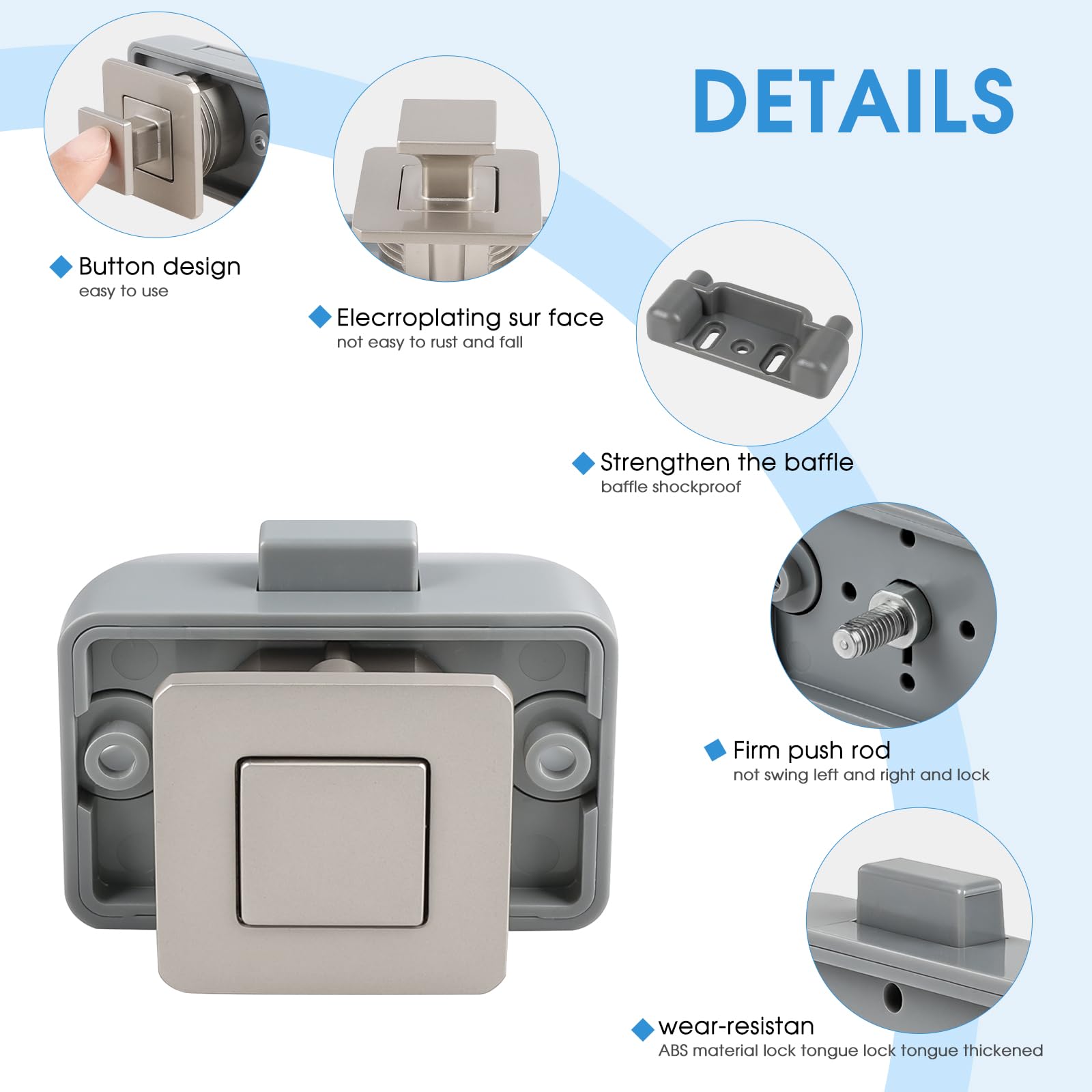 Set da 5 Chiusure per cassetti quadrate Metalliche da Campeggio, Serratura a Scorrimento Quadrata, Serratura a Pressione Senza Chiave per roulotte, Barca, Yacht, Armadio, Porta, vano (Nichel)