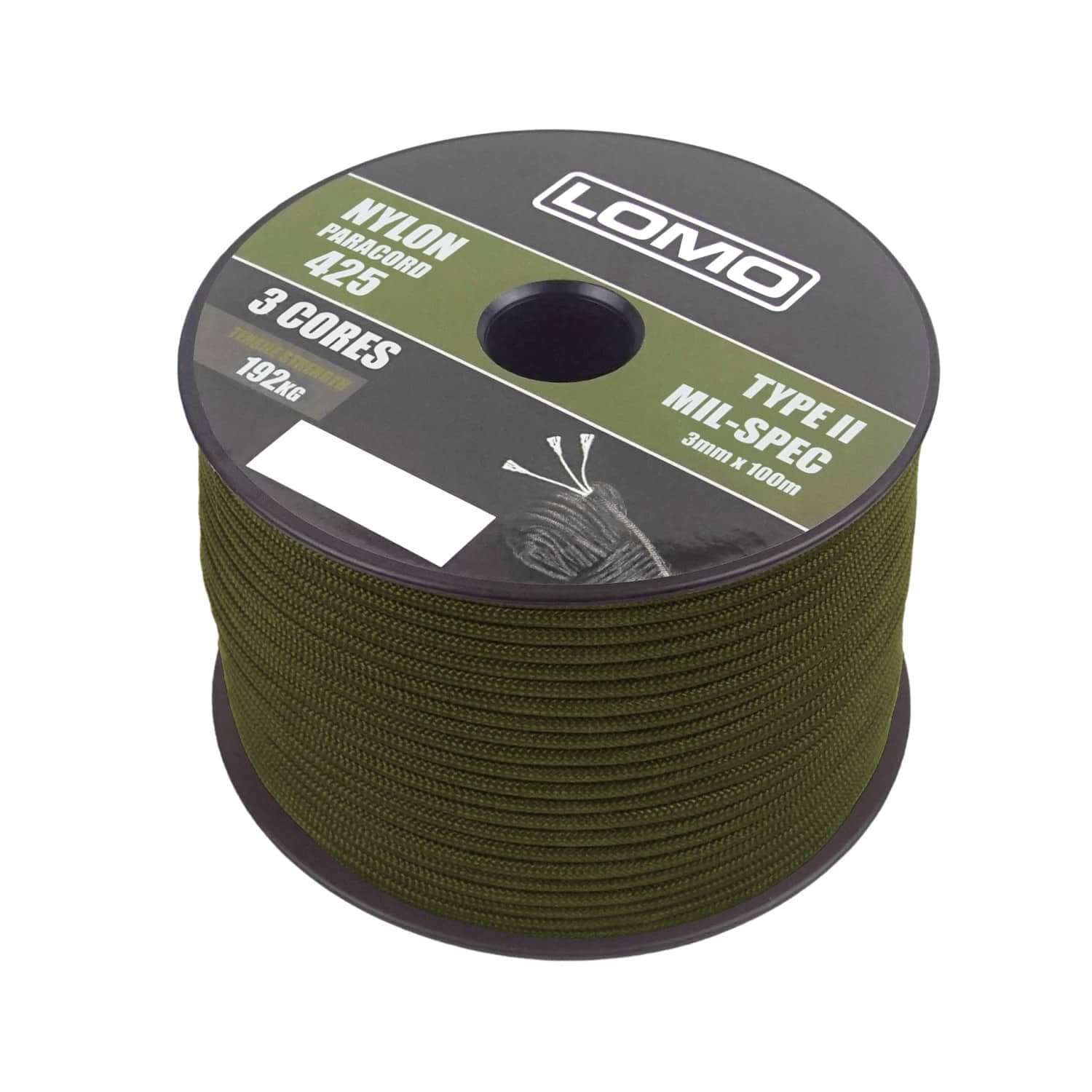 Lomo Green 3 Strand 425 Paracord - 100M Olive Camping Bushcraft Shelter Building