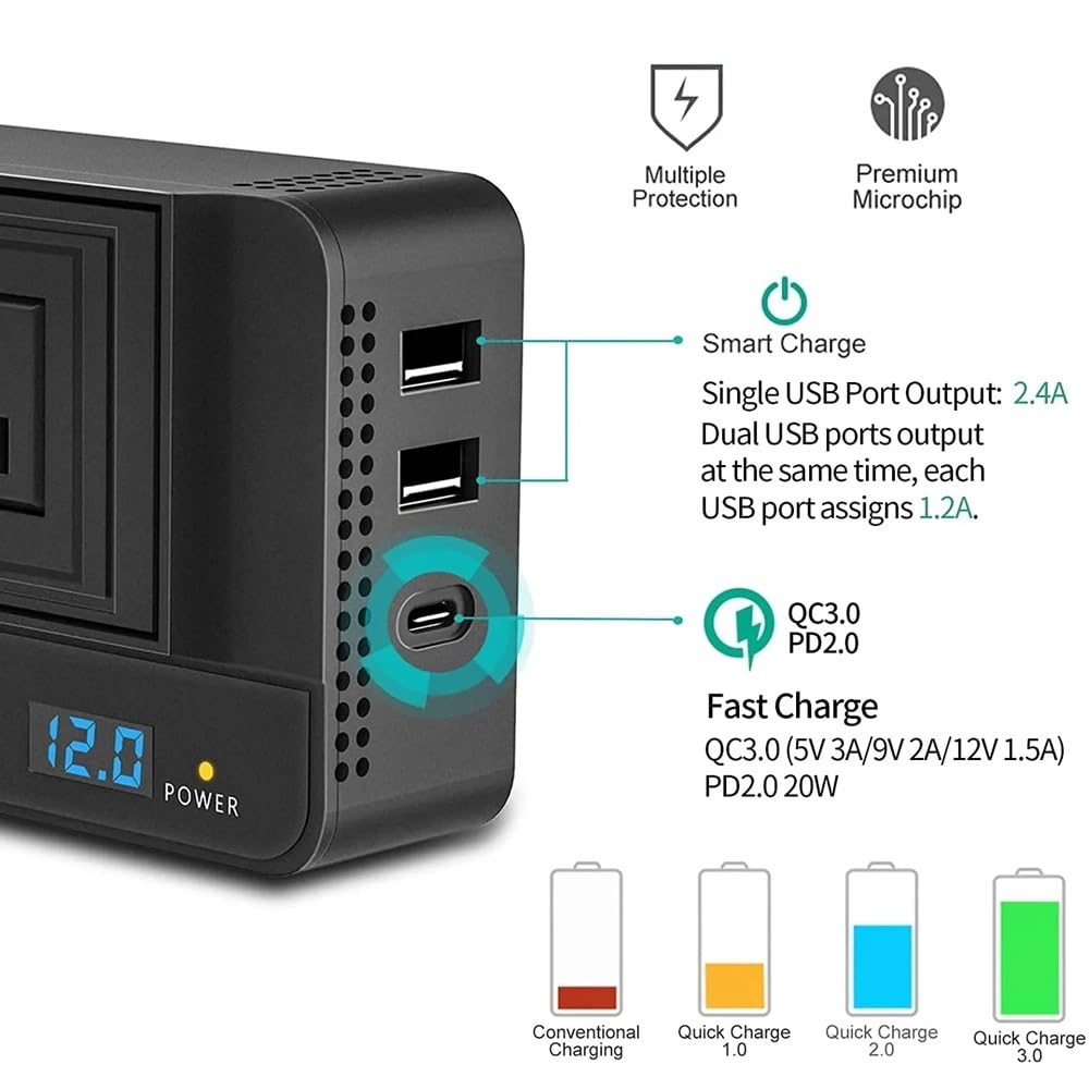Inverter Solare, Inverter for auto da 200 W, DC 12 V a AC, for caricare dispositivi elettronici