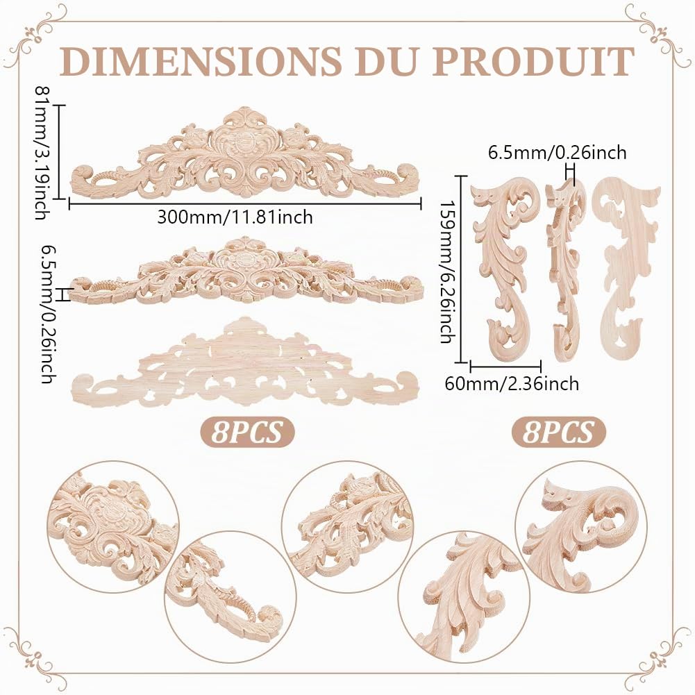 16Pcs 2 tailles Appliques Décoratives et Incrustées en Bois | Autocollants Décoratifs D'Angle en Bois Sculpté Non Peints pour Portes D'Armoires Lits Armoires Murs Projets de Bricolage
