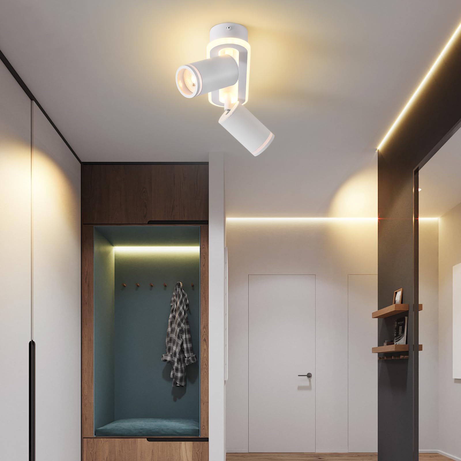 SANSHI Faretti da Soffitto Orientabili Interno LED 2 Luce,Faretti da Parete con Inferiore 15W+2x5W,GU10 Lampadario Faretti,Moderna Plafoniera Faretti Bianco Caldo 3000K per Cameretta Cucina,Bianco
