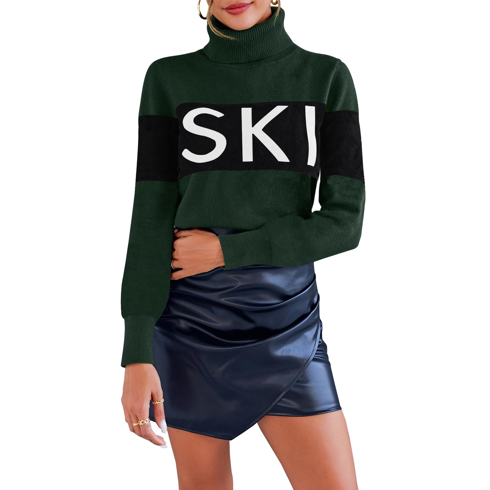 Women Turtleneck Sweaters Warm Shirts Apres Ski Patchwork Colorblock Tops Winter Outfit Tops
