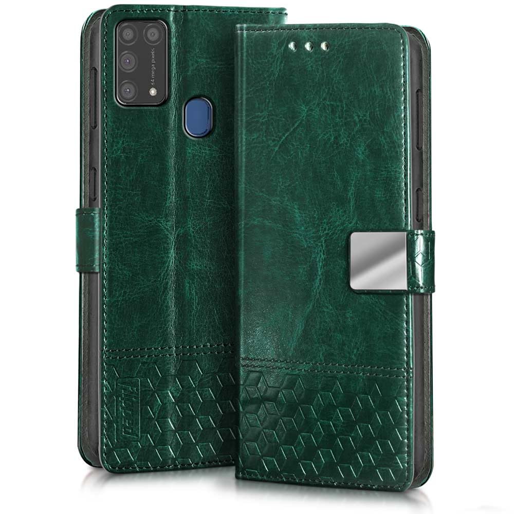 FLIPPED Hand Stitched Honeycomb Dual Design Back Flip Cover Case for Samsung Galaxy M31 | F41 | M31 Prime (Shock Proof | Leather Finish | Wallet Case Card Holders & Stand) - Tanned Green (B0CJXYJ55R) Amazon Price History, Amazon Price Tracker