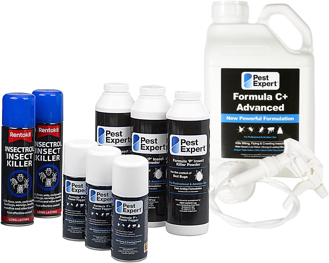 Pest Expert Bed Bug Killer Kit – Pest Expert Formula ‘C+’ 5L, Bed Bug Killer Powder 3 x 300g, 3 x Fogger Bomb & 2 x Rentokil Spray – Advanced Kit for Maximum Strength Treatment & Control
