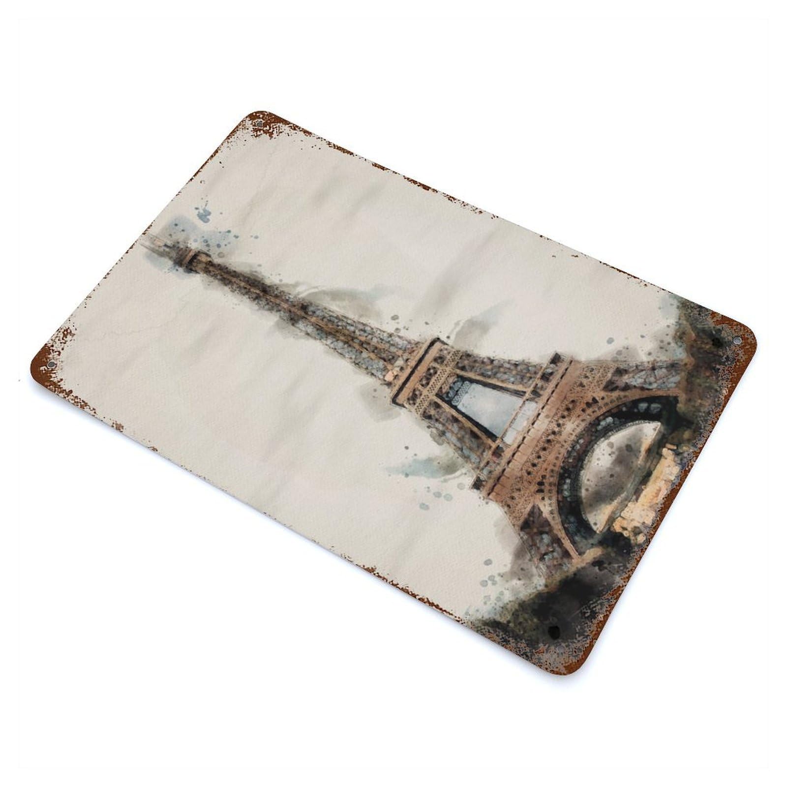 Oil Painting Eiffel Tower Rustic Tin Plaque 11.8"x7.9", for Shed, Workshop And Garage Wall Decor, Rustic Home Decor
