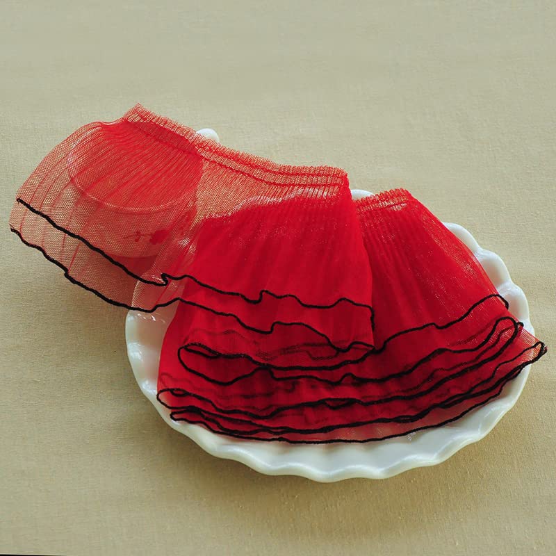 lace 12CM Wide Double Layers Soft Mesh Pleated Lace Fabirc Collar Cuff Elastic Ruffle Trim Lightweight And Durable Suitable For Ribbon Women Dress Skirts DIY Sewing Decor lace trim ( Color : Red )3