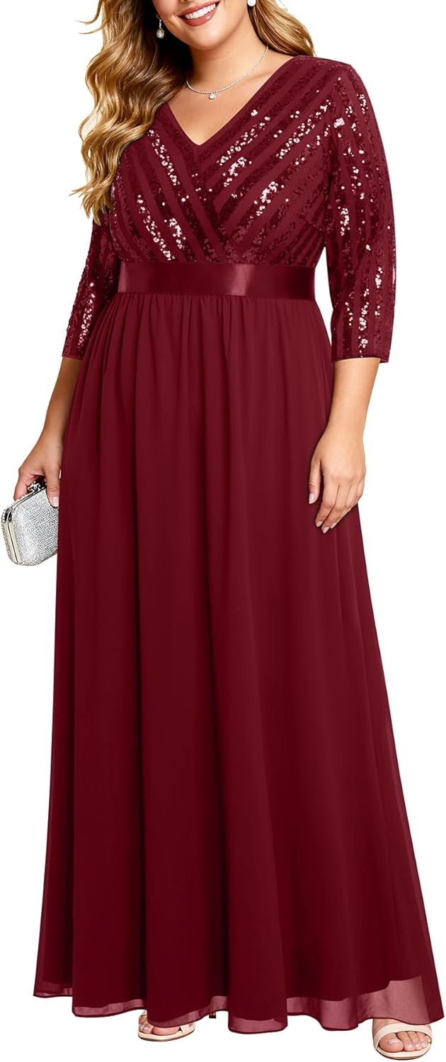Womens Plus Size Formal Dresses - V Neck 3/4 Sleeve Sequin Prom Evening Gowns Long Maxi Dress