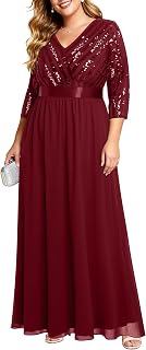 Womens Plus Size Formal Dresses - V Neck 3/4 Sleeve Sequin Prom Evening Gowns Long Maxi Dress