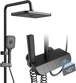 Shower System with Digital Temperature Display, Shower Faucet Set with 12 Inch Rain Shower Head and Handheld Shower Head Fixtures, Wall Mounted Rainfall Shower Fixtures with Piano Keys 12 Inch Black