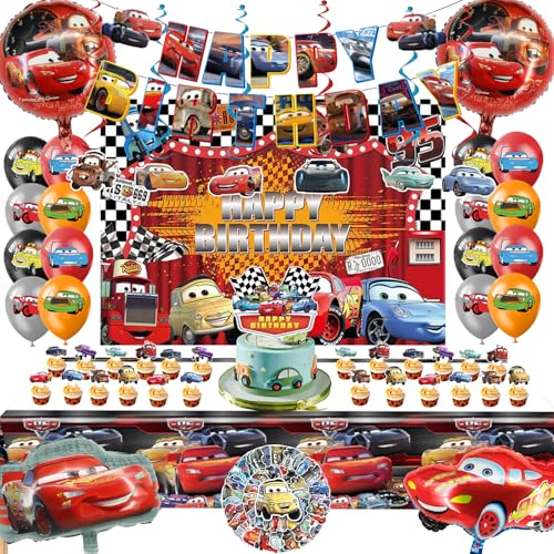 Decoration Anniversaire Car, 104PCS Décoration d'anniversaire Voiture d'enfant, Cars Ballons, Cars Nappes, Arrière-Plan, Bannière, Anniversaire Voiture Party Supplies pour Fete d'anniversaire Enfants