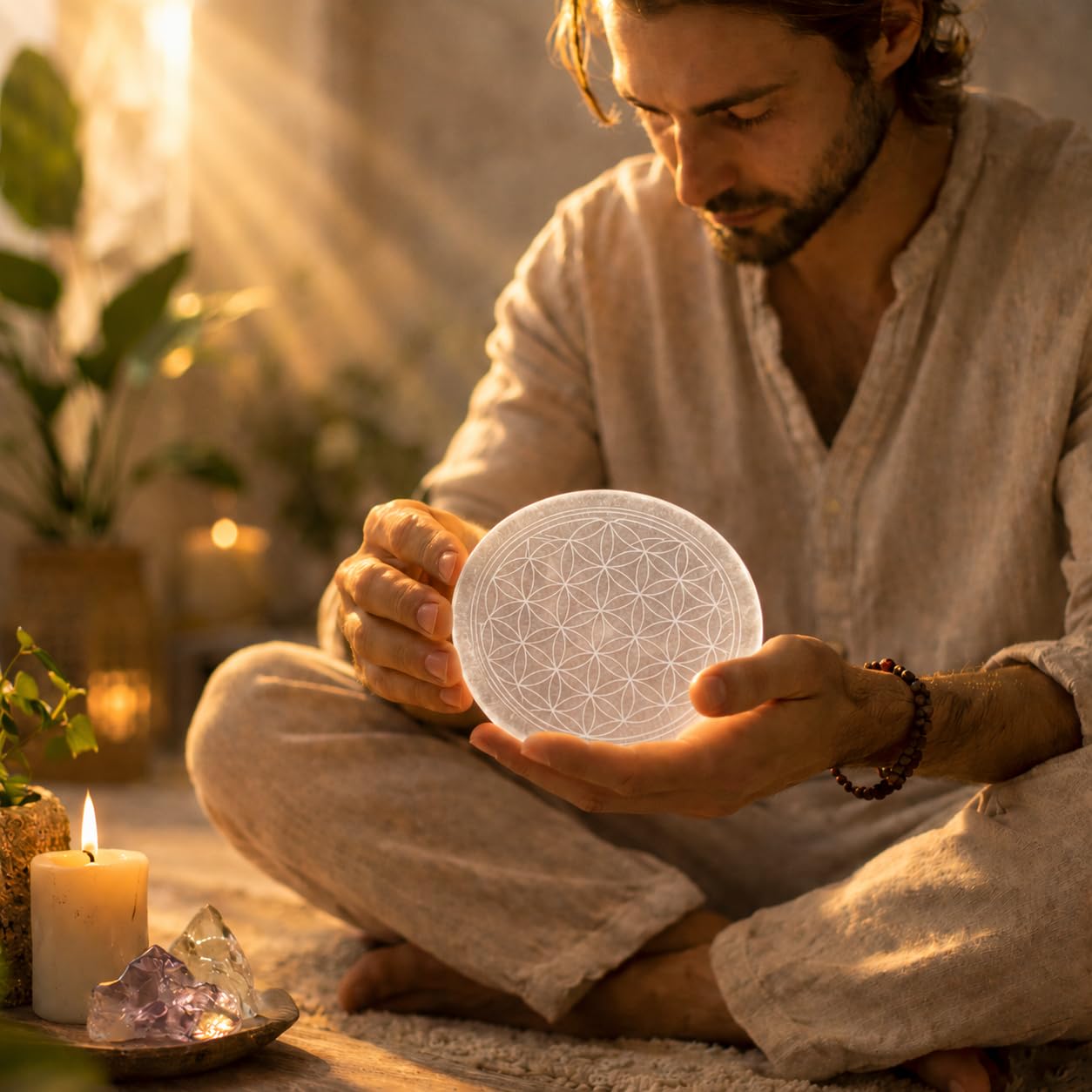 NKlaus Piastra Energetica Rotonda in Selenite Ø 14,5 cm – Incisa con Fiore della Vita per Ricaricare Cristalli, Pietre e Gioielli – Decorazione Spirituale per Chakra, Reiki e Meditazione