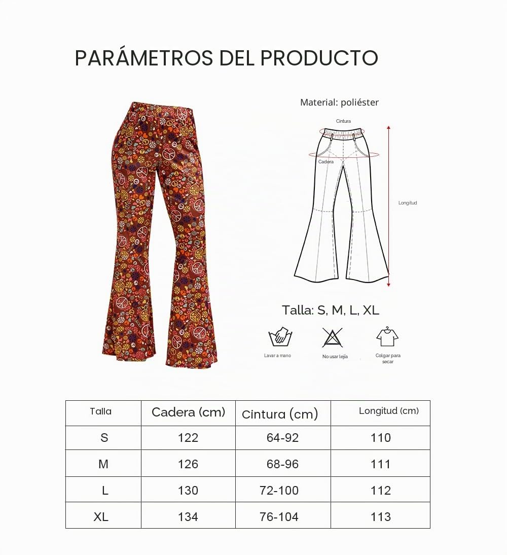 Disfraz hippie de los años 70 y 80 para mujer, pantalones acampanados con estampado floral bohemio, pantalones hippie de discoteca, juego con accesorios hippie