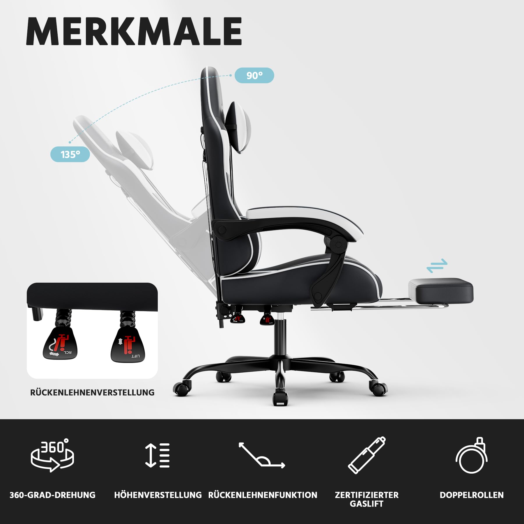 vutizal Sedia da gaming ergonomica con supporto lombare – Sedia da ufficio in pelle PU con schienale regolabile e poggiapiedi – Fino a 200 kg – Nero/Bianco