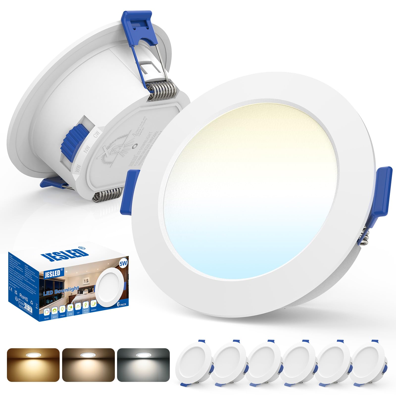 JESLED LED Einbaustrahler 230V, 5W 400LM LED Spot 68mm - 78mm Lochmaß, IP54 Einbauleuchten Für Badezimmer Küche Wohnzimmer, 3000K/4000K/6500K Einbauspots, Rund Weiss 6er Set