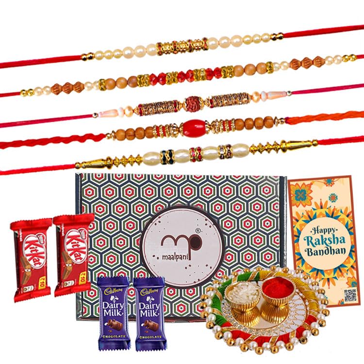 Maalpani Rakhis With And Chocolates Gift Hamper Set | Rakhi Gift For Brother | 5 Pc Rakhi With Dairy Milk Combo Pack |D50411C (B0993R3ZPV) Amazon Price History, Amazon Price Tracker