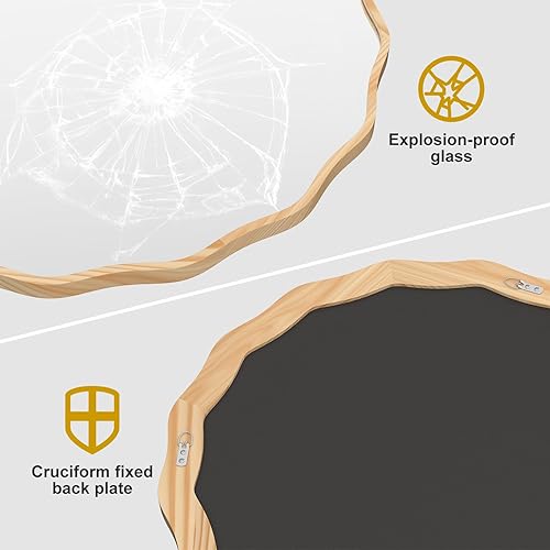 Miniatura 13 de Espejo redondo decorativo para pared de 28 pulgadas, moderno espejo ondulado dorado con marco de madera, espejo de pared circular para baño