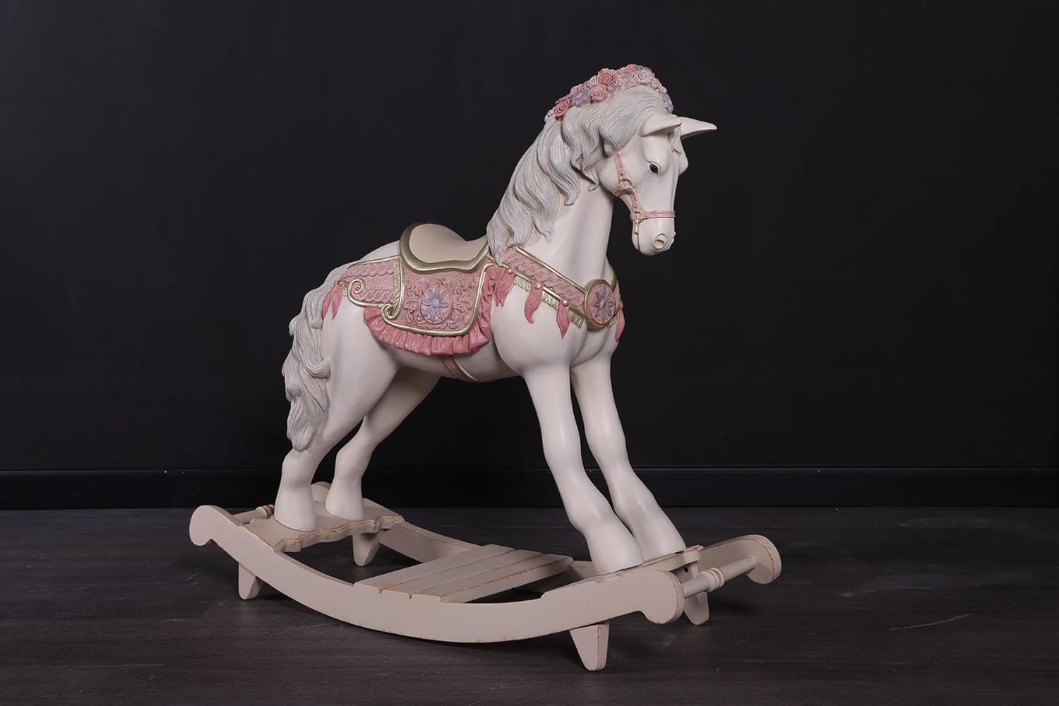 Decorative Rocking Horse, White with Pink Floral Accents, Resin and Wood, Fantasy Theme, 11 Pounds