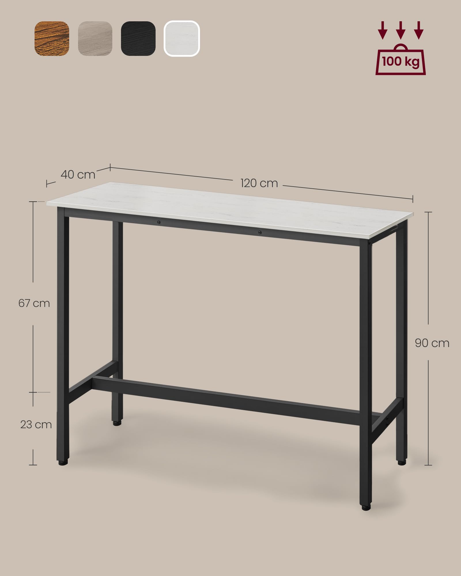 VASAGLE Table de Bar, Table Haute Fine, Table de Cuisine, Table de Salle à Manger, avec Cadre en Métal, 40 x 120 x 90 cm, Montage Facile, Style Industriel, Blanc Rustique et Noir d'encre LBT120B73