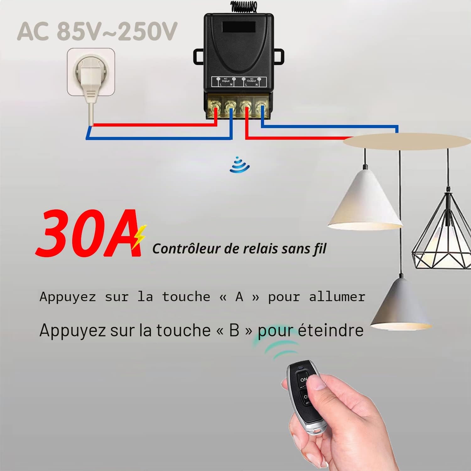 DieseRC ON-OFF Interrupteur de télécommande Haute Puissance sans Fil 433Mhz, RF AC 220V/240V/110V 30A pour lumière, Pompe à Eau, appareils ménagers, Irrigation agricole,Normalement ouvert