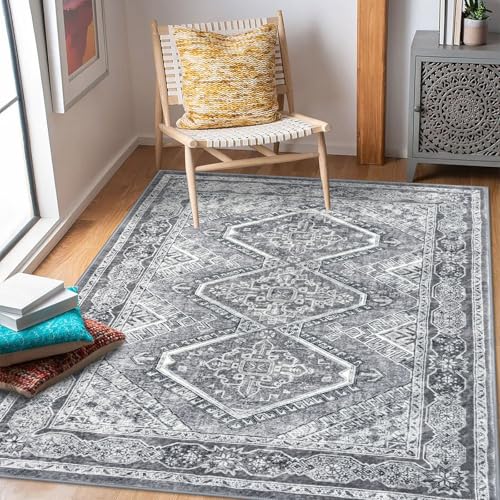 KUTA Vintage Area Rug 4x6 Living Room, Washable Rugs Printed Oriental Distressed Tribal Grey, Non-Slip Dining Room Carpet, Extra Soft Low Pile Cozy Throw for Bedroom Kitchen Nursery