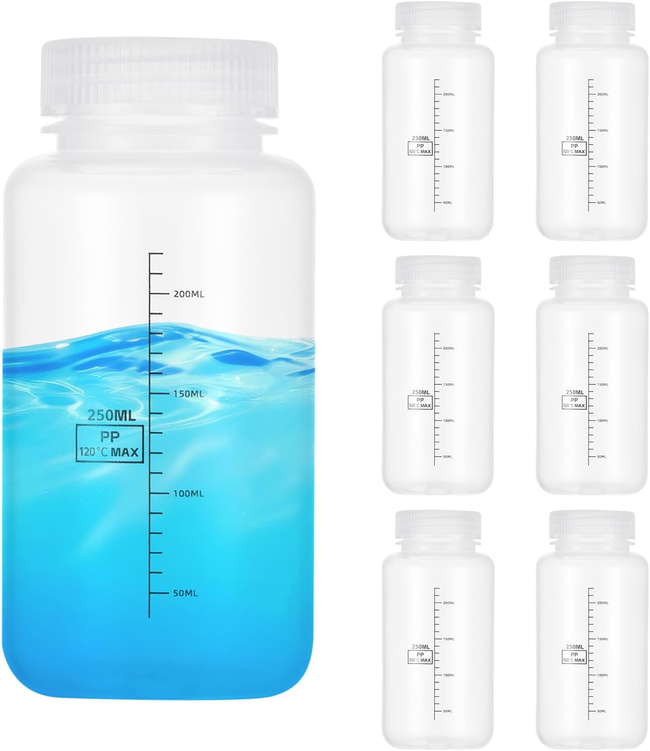 PATIKIL 6 Pcs Plastic Sample Bottles with Screw Cap, 8 oz 250ml Wide Mouth Reagent Bottle Transparent PP Sample Containers with Lid for Lab Water Reagent Sample Home Storage Seal, Clear