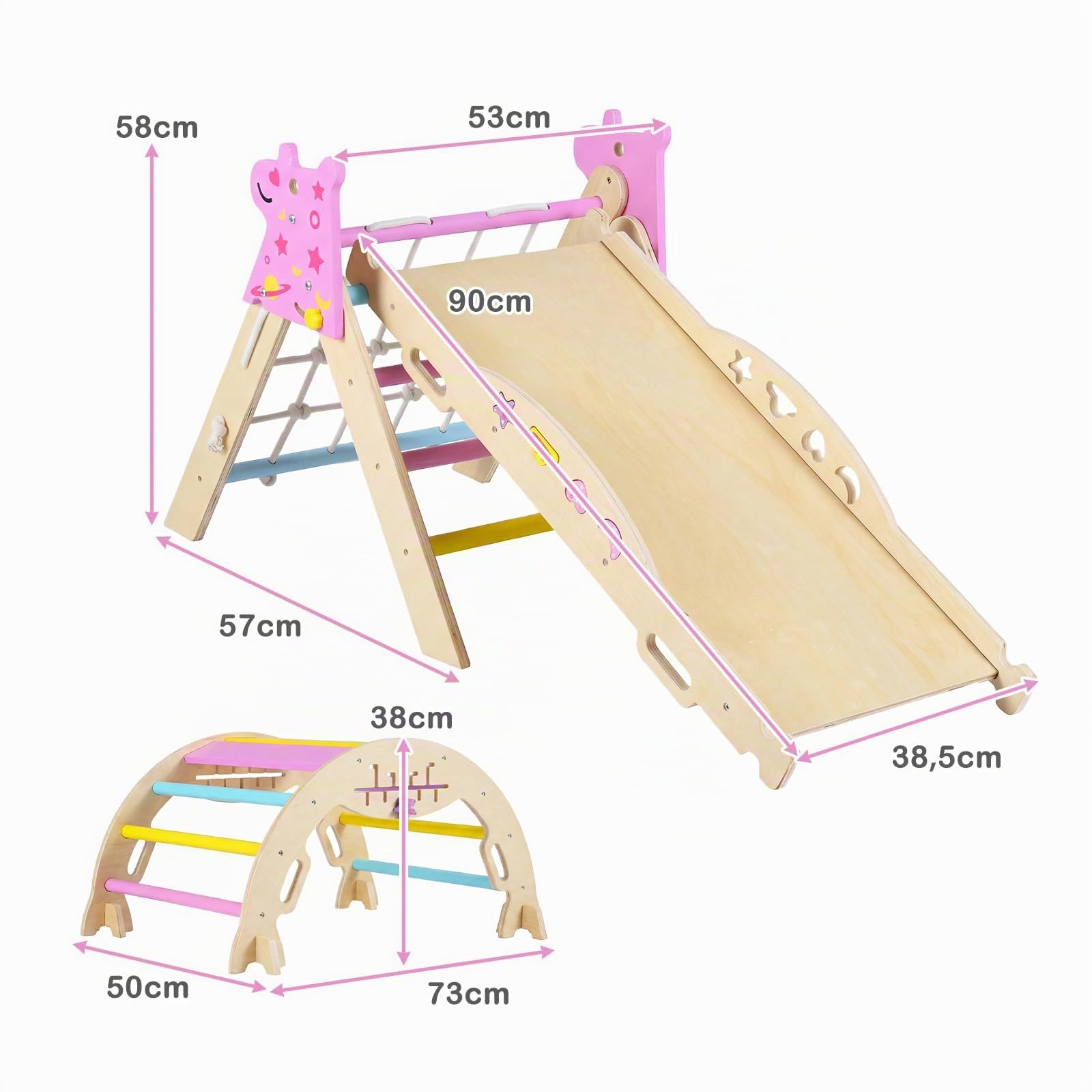 RELAX4LIFE Set da Arrampicata per Bambini, Triangolo di Arrampicata con Scivolo e Arco, Gioco di Incastri in Legno, Gioco Montessori per Bambini 1+ Anni (Unicorno con Rete-3 Pezzi | Macaron)