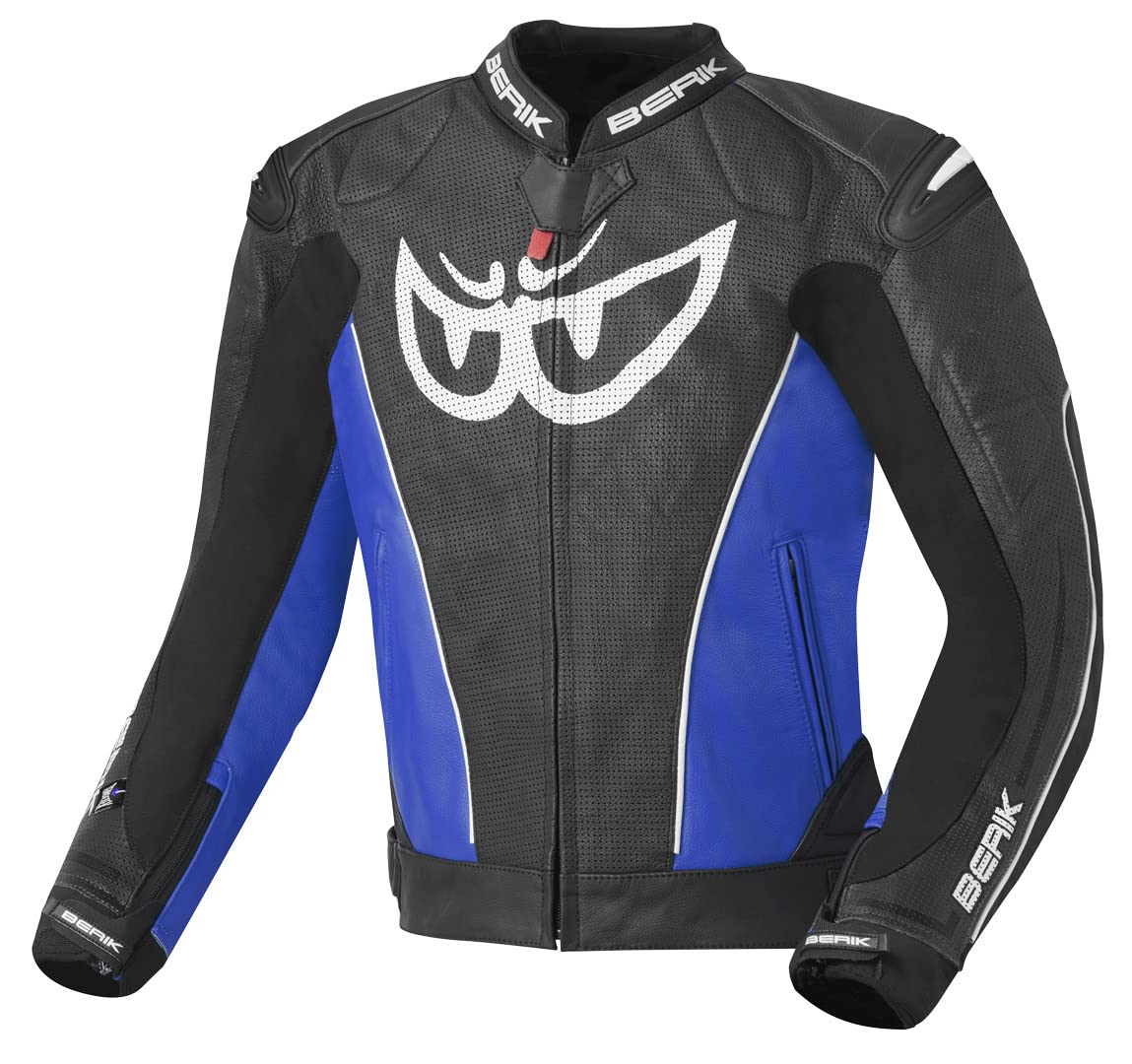 Berik Street Giacca in Pelle da Moto, Nero/​Blu, 56